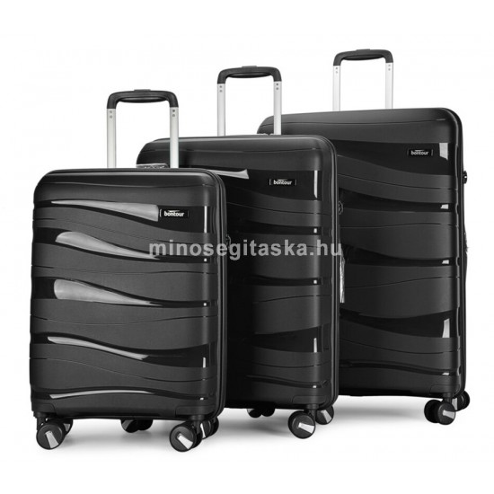 BONTOUR FLOW fekete négykerekű, három részes bőrönd szett S,M,L