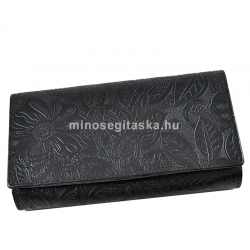 Fekete, nyomott leveles-virágos mintás, két oldalas női bőr pénztárca 8674-2